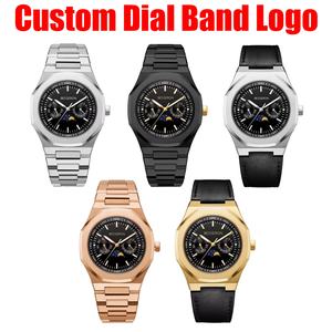 Montre en acier inoxydable avec logo, phases de lune, soleil et lune, mouvement japonais Hardlex, chronographe à quartz, bracelet en cuir tendance - Product Image 2