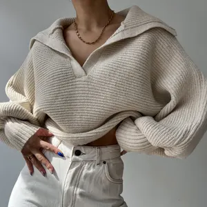 Sweater rajut wanita, Sweater polos kerah V bahu jatuh lengan panjang warna cocok