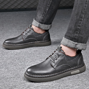Men's Casual Leather Shoes <b>Round</b> Toe Lace-up Plush Lining Rubber Outsole <b>Cushioned</b> Autumn Fashion Workwear - Product Image 3