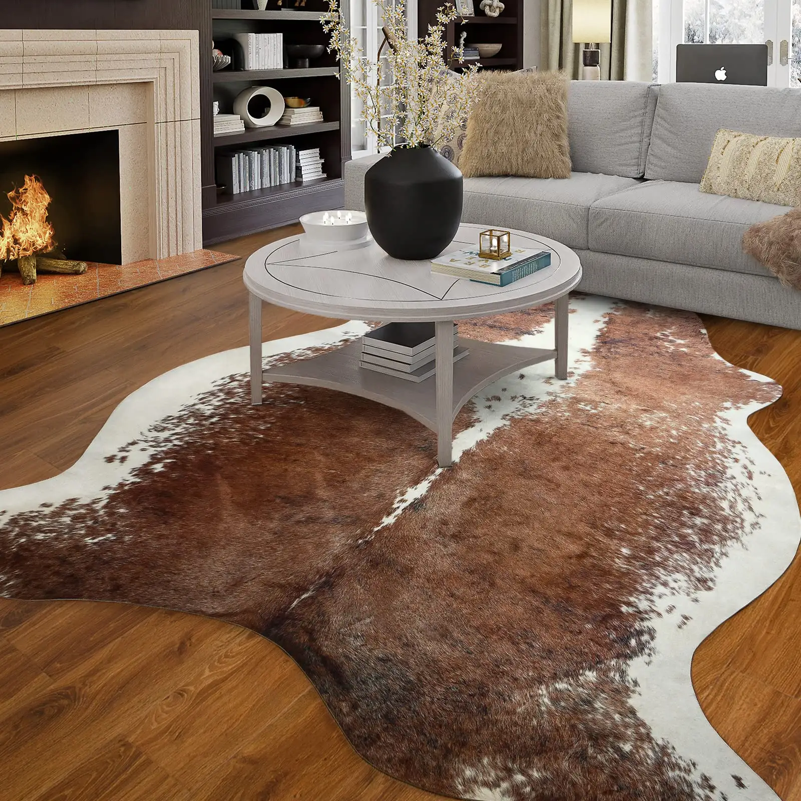 Tapete de couro de vaca grande com estampa 3D de cor natural, tapete de couro de vaca elástico engrossado para quarto, sala de estar, escritório doméstico