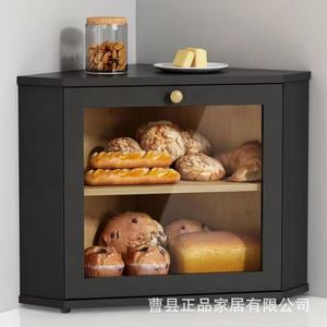 Boîte à pain triangulaire en bambou à double couche, armoire de rangement d'angle pour cuisine avec porte en verre pour usage domestique - Product Image 1