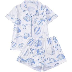 FOXA Women's 2 Piece Shell Print <b>Pajama</b> <b>Set</b> Short Sleeve Button Down Shirt Bow Shorts Sleepwear Loungewear - Product Image 1