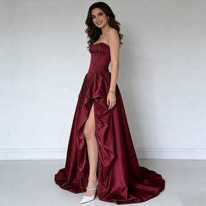 Robes maxi pour femmes, élégantes et romantiques, formelles, à col cœur sans bretelles, corsage en satin, fente haute, traîne en <span class=keywords><strong>A</strong></span> - Product Image 4