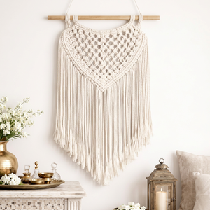 Décoration murale classique en macramé blanc cassé avec franges, motif circulaire vertical, design contemporain pour chambre à coucher et décoration intérieure - Product Image 1