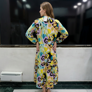 Robe midi à imprimé floral, manches longues, col en V ajusté, en rayonne tissée respirante et écologique, ourlet évasé, style vintage coupe trapèze, pour l'extérieur et le quotidien - Product Image 1