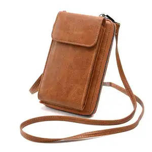 Tas selempang kecil dompet ponsel untuk wanita dompet ponsel kulit dengan Slot kartu kredit tali dapat dilepas dapat disesuaikan