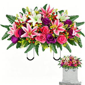 Arreglo Floral Artificial para Cementerio, <span class=keywords><strong>Rosas</strong></span> Rojas, <span class=keywords><strong>Claveles</strong></span> Amarillos, Flores Púrpuras con Hojas <span class=keywords><strong>de</strong></span> Helecho, Decoración Conmemorativa para Exteriores - Product Image 6