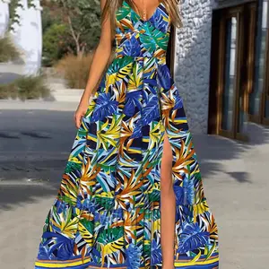 Beach Resort Style Sexy Open Sleeveless Print V-neck Maxi Dress Women