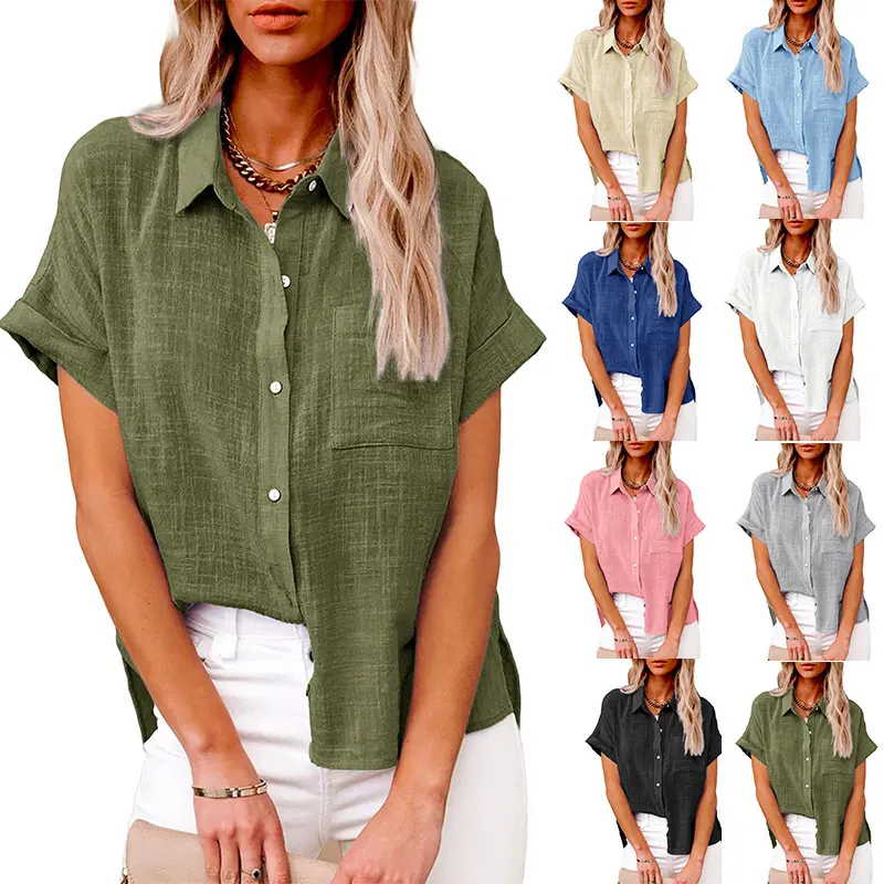 2023 गर्मियों में नए यूरोपीय और अमेरिकी महिलाओं के सादे सनी शर्ट लघु आस्तीन आकस्मिक ढीला शर्ट