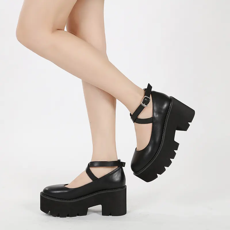 New arrival casual women's shoes chunky heels platform cross ankle buckle strap big size 35-43 black sexy dress Mary Jane Pumps