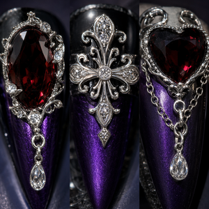 Faux ongles de luxe violets à presser, style gothique avec chaîne en strass, couvrance totale, pour fêtes et festivals - Product Image 3