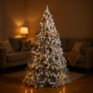 Árbol de Navidad Flocado de 6 pies Preiluminado con Bayas Rojas y Luces LED Blancas Cálidas, Árbol Artificial de Interior con Base - Product Image 2