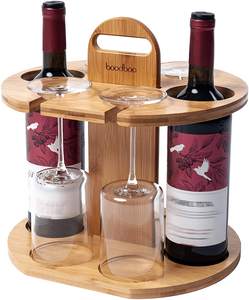 Estante de Vino de Madera, Juego de Almacenamiento de Vino con Capacidad para 2 Botellas y 4 Copas, Soporte Ligero y Portátil para Botellas de Vino y Colgador de Copas - Product Image 1