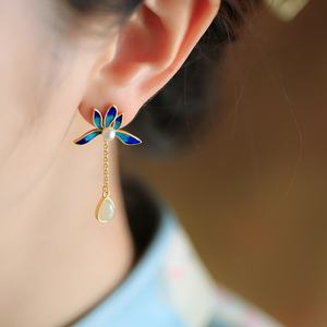 Sterling <b>Silver</b> Hetian Jade Lotus Earrings Women's High-end Retro Fashion Niche Temperament Light Luxury Earrings Earrings - Product Image 3