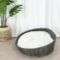 Panier pour animaux de compagnie en rotin PE tressé à la main, imperméable, rond, pour chat et chien, avec coussin en peluche