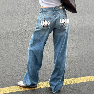 Vente en gros de pantalons jeans pour femmes à la mode jeans en denim bleu pour femmes pantalons streetwear imprimés à écussons étoiles de haute qualité pour femmes - Product Image 2