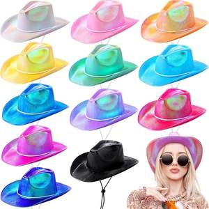Sombrero de vaquero brillante de Halloween occidental, sombrero de vaquero holográfico metálico para mujeres y niñas, boda, cumpleaños, fiesta de neón - Product Image 1