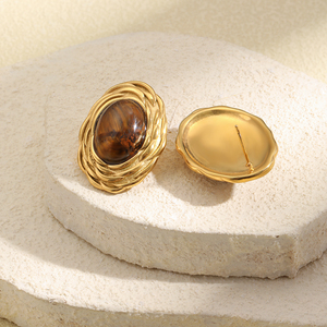 Pendientes de Acero Inoxidable con Baño de Oro de 18K, Diseño Retro Europeo y Americano, con Patrón de Espiga de <span class=keywords><strong>Trigo</strong></span> y Ojo de Tigre, para Mujer - Product Image 2