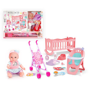 Poupée en vinyle de 12 pouces, ensemble 3 en 1 avec poussette, berceau, chaise haute, accessoires d'alimentation, jeu d'imitation pour enfants, cadeau d'apprentissage précoce - Product Image 4