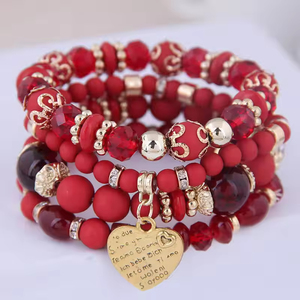 Bracelet extensible porte-bonheur paix plaqué or Bracelets de fête Boho rétro 4 couches amour coeur gland cristal Bracelet perlé - Product Image 5