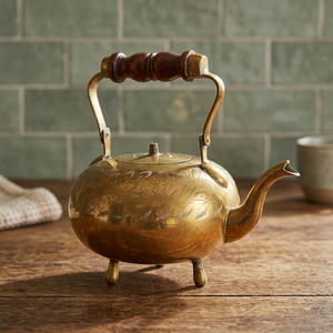 Vintage Brass Tea <b>Kettle</b> With Wooden Handle And Lid Water Pot Metal Design - Product Image 2