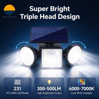 Lampe solaire murale pour cour et patio, 3 têtes rondes, 500LM, 231 LED, capteur PIR, contrôle de la lumière, micro-lumière, IP65, étanche, ABS, montage mural