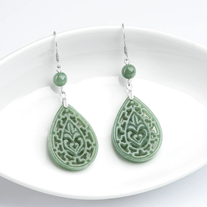 Natural Genuine A-Grade Jadeite Vintage Hollow Engraved <b>Stud</b> <b>Earrings</b> Bean-Shaped S925 <b>Silver</b> <b>Set</b> Jade Ethnic Anniversary Gift - Product Image 1