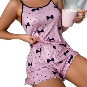 Ensemble de pyjama 2 pièces sexy taille basse en satin respirant de style européen pour femme, confortable, avec taille élastique, qualité supérieure, OEM - Product Image 4