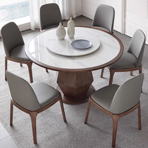 Mesa de comedor redonda de madera maciza, marco de madera de Fresno moderno y sencillo para el hogar, mesa de comedor con placa de roca con acabado brillante - Product Image 2