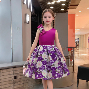 Girls' Floral Print Sleeveless A-Line Dress With Bow Pink Princess Flower Girl Costume K2 - Product Image 4