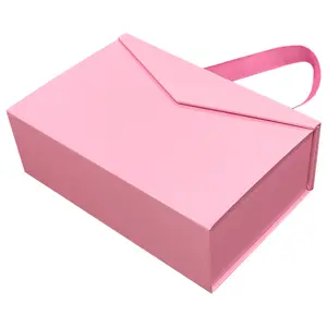 Emballage en carton portable personnalisé avec poignée en ruban rose papier pliant vacances fermeture magnétique boîte cadeau de luxe