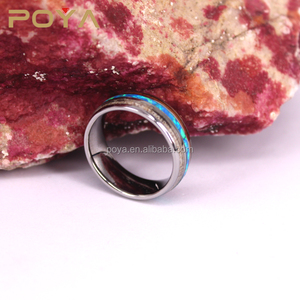 POYA Jewelry 8mm Deer Antlers Titanium Ring Wedding Bands Turquoise <strong>Wood</strong> <strong>Inlaid</strong> Flat Comfort Fit - Product Image 3