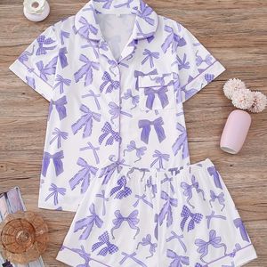 Conjunto de Pijama Personalizado a Rayas para Mujer, Manga Corta, Lazo Rosa, Estampado de Letras, Ropa de Dormir de Verano, Pijama Bonito para Chicas - Product Image 3