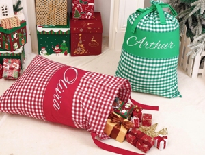 Boutique Embroidered Checkered Xmas Sack Personalized Plaid Drawstring Santa <b>Gift</b> <b>Bags</b> for Party Decor Supplies - Product Image 3
