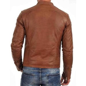 Veste en cuir marron pour homme, coupe slim, manches longues, coupe-vent, style motard. - Product Image 1