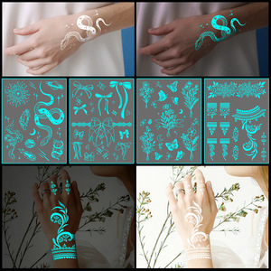 Tatuaje Temporal <span class=keywords><strong>de</strong></span> Henna Luminosa Azul, Diseño Tribal con Encaje Blanco, Loto, Mandala y Flores para Chicas - Product Image 2