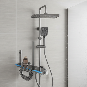 Robinet de salle de bain moderne en aluminium brossé carré réglable avec thermostat, double poignée, jet pressurisé et douche pluie douce - Product Image 5