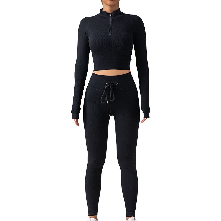 Solid Color Fashion Zipper Long Sleeve Drawstring Sports Slim Fit High Elastic Long Pants Two-Piece Yoga Set for Women