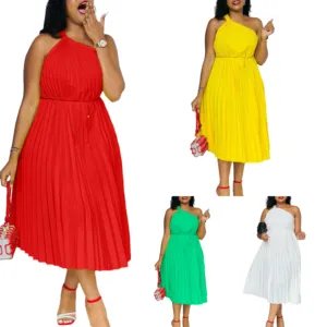 New Products 2024 Casual Dresses Women One Shoulder Big Swing Strap Pleated Dress Solid Color Bandage Summer Plus Size Dresses