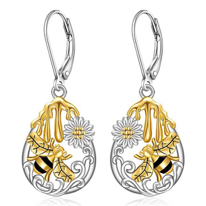Boucles d'oreilles pendantes en forme de marguerite avec pot de miel pour femme, bijoux de mode bicolores à motif floral - Product Image 1