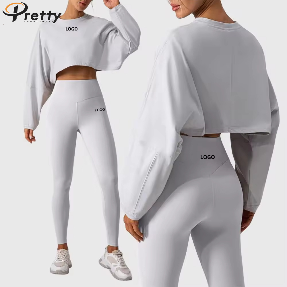 Wholesale Breathable Crop Top Long Sleeve Gym Fitness for Women Yoga Sets Workout Leggings 2pcs Yoga Sports Wear Jogger Suits