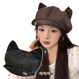 Béret en cuir à oreilles de chat pour femme, noir uni, chaud, anti-UV, style universitaire, chapeau de peintre - Product Image 3