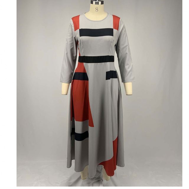 Spring Women's Clothing O-Neck Large Size 5XL Hit Color Pocket a Line Lady Casual Dress
