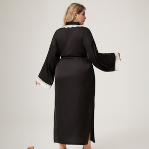 ชุดนอนผ้าซาตินชีฟองสำหรับผู้หญิง แบบเรียบหรู เซ็กซี่ แต่งขอบลูกไม้ แขนยาว อุ่นสบาย ไซส์ใหญ่ พร้อมเชือกผูกเอว เนื้อผ้านุ่ม - Product Image 3