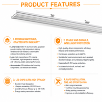 Garantie 5 ans, usage commercial, 30W 43W 58W 180 Lm/W, protection contre les surtensions 2KV, installation rapide, durée de vie longue, DALI IK08, luminaire linéaire LED modulaire T5 T8