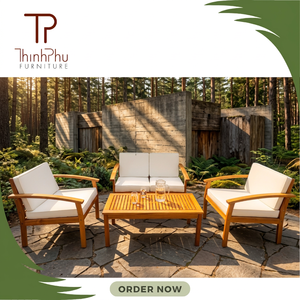 Contemporary Outdoor Wood <b>Sofa</b> Set with White Cushions for Garden Patio Furniture - Product Image 2