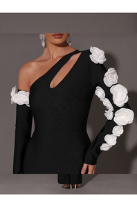 Vestido <span class=keywords><strong>de</strong></span> Fiesta Largo <span class=keywords><strong>de</strong></span> Gasa y Cachemira con Flores Blancas en 3D, Cuello Asimétrico, Cintura Natural, Silueta <span class=keywords><strong>de</strong></span> Sirena, Apliques Calados - Product Image 6