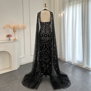 ASA-SS63高級クリスタルビーズロングケープウエディングドレスブラックキーホールイブニングガウン女性用 - Product Image 2