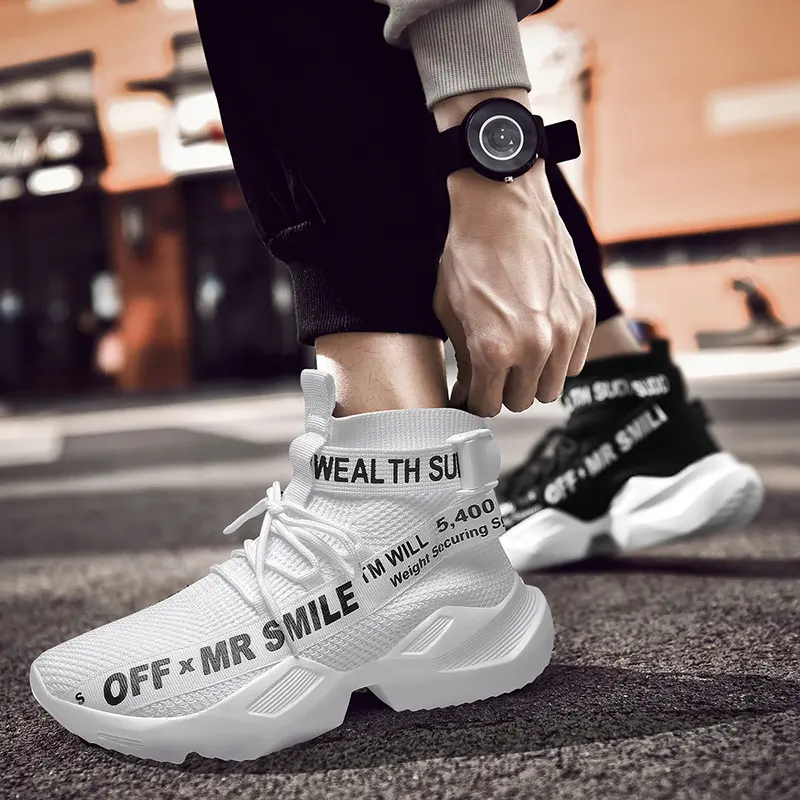 उच्च गुणवत्ता के नए उच्च कट जाल कपड़ा ठोस रंग प्रवृत्ति पुरुष आकस्मिक सफेद जूते
