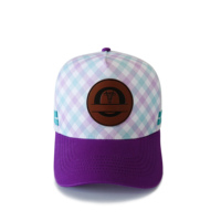 Vente en gros de chapeaux de camionneur à profil haut Casquettes à bord incurvé avec logo en cuir personnalisé Casquettes de camionneur Vichy Country